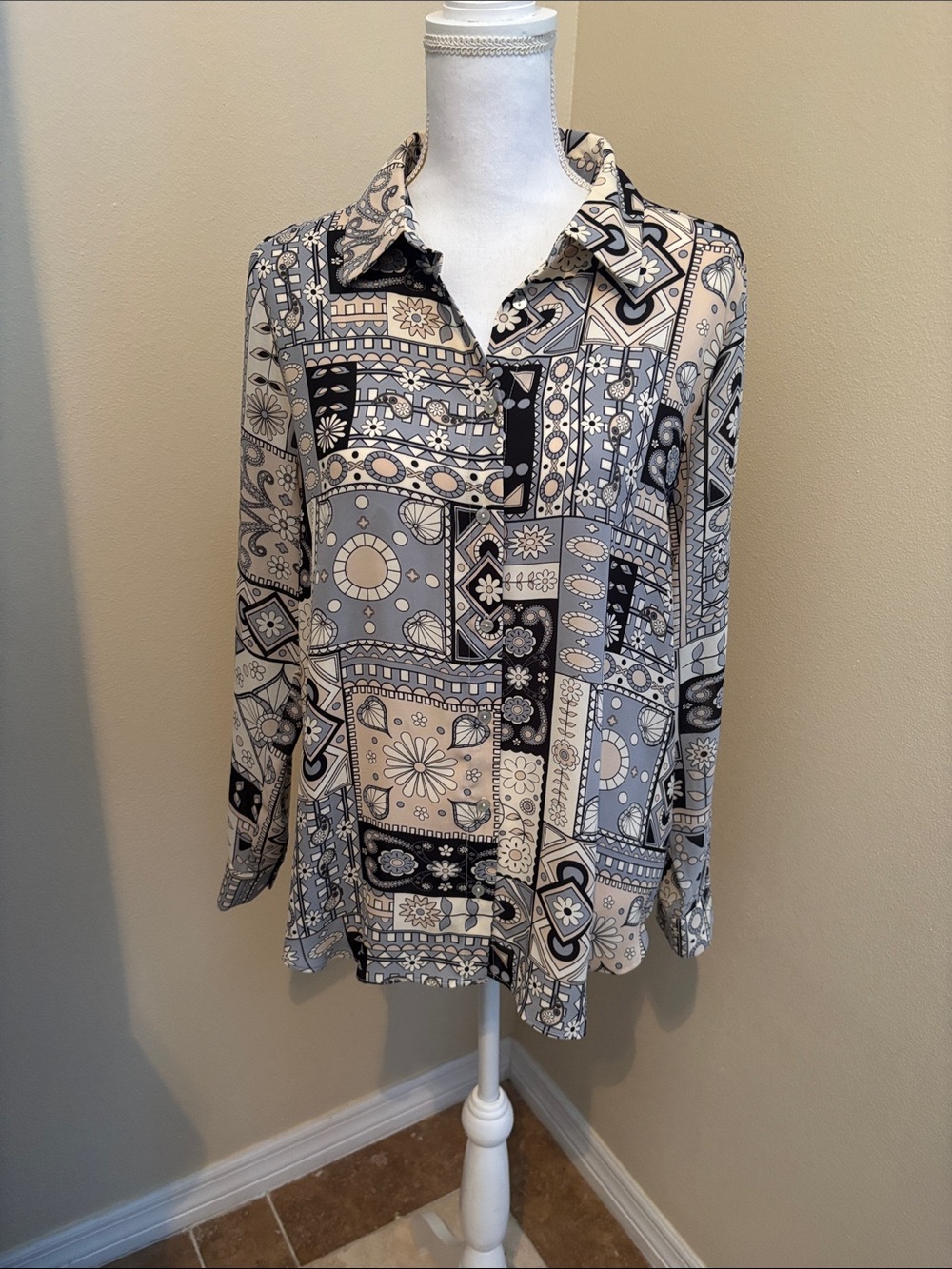 Rose & Olive Black and Cream Patchwork Print Button-Down Shirt